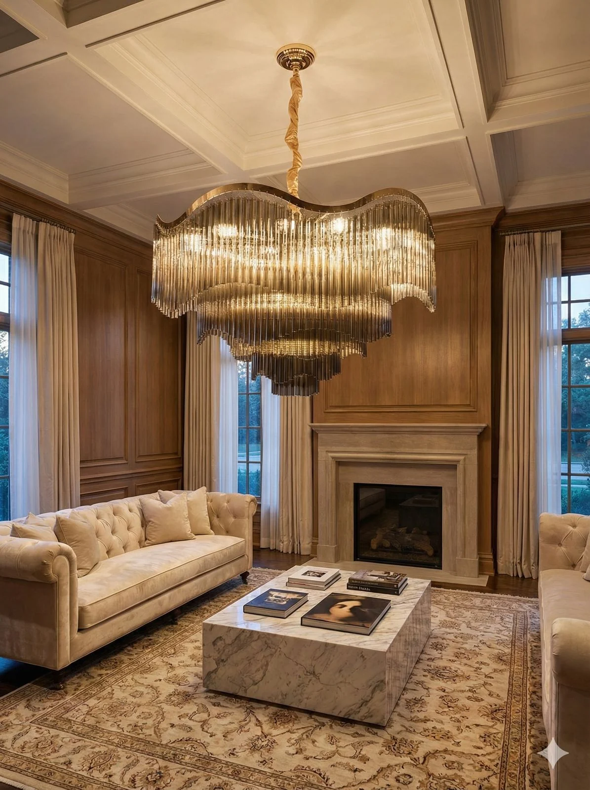 Crystal chandelier in a luxury wood-panelled living room — LUMIORR Decorative lighting, Pune